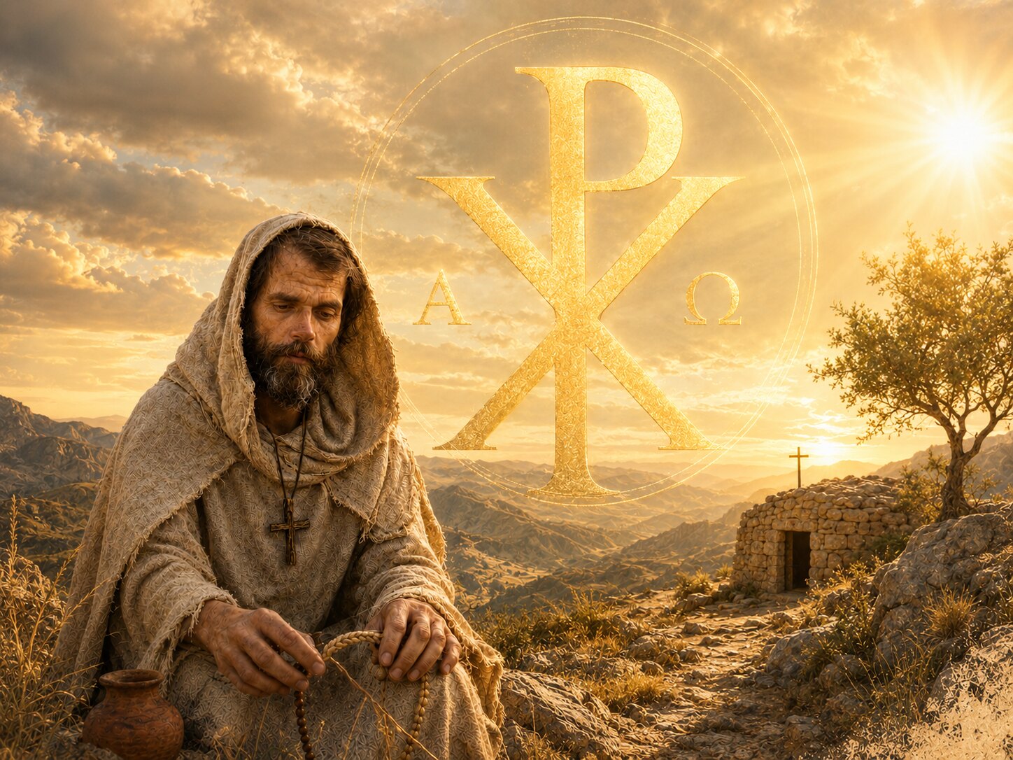 Pustelnik na tle gór, pustelni i złotego chrystogramu Chi Rho
